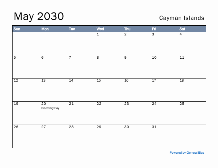 May 2030 Simple Monthly Calendar for Cayman Islands