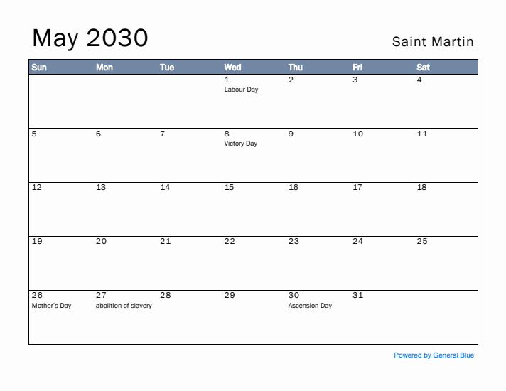 May 2030 Simple Monthly Calendar for Saint Martin