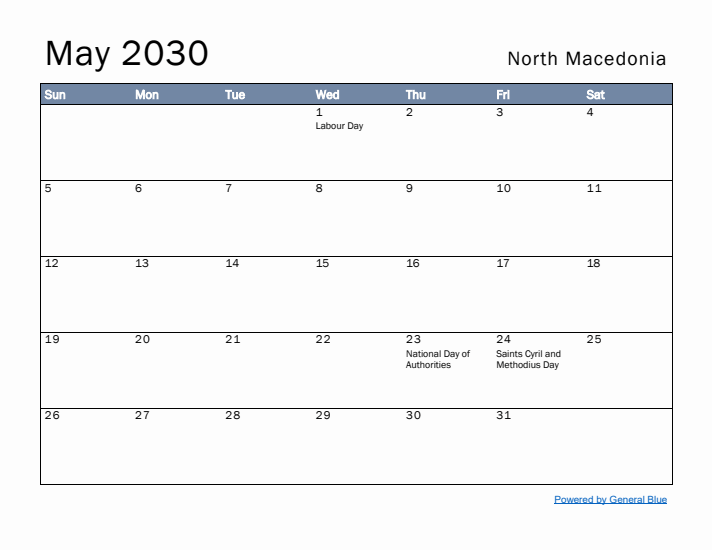 May 2030 Simple Monthly Calendar for North Macedonia