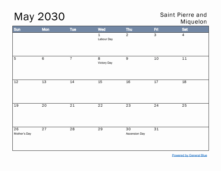 May 2030 Simple Monthly Calendar for Saint Pierre and Miquelon