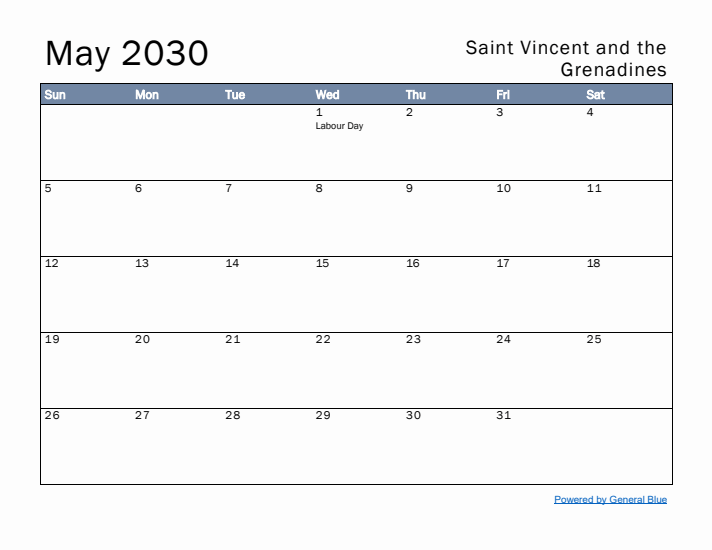 May 2030 Simple Monthly Calendar for Saint Vincent and the Grenadines