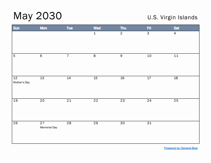 May 2030 Simple Monthly Calendar for U.S. Virgin Islands