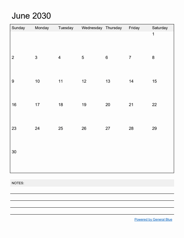 Basic Monthly Calendar Template for June 2030
