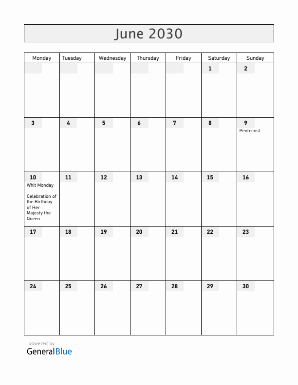 Anguilla June 2030 Calendar with Holidays