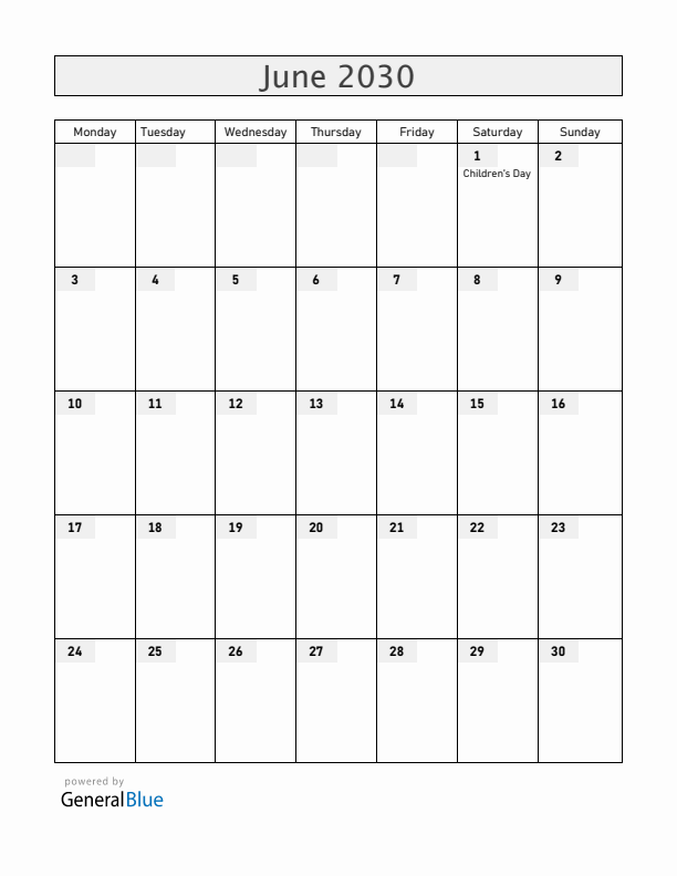 Albania June 2030 Calendar with Holidays