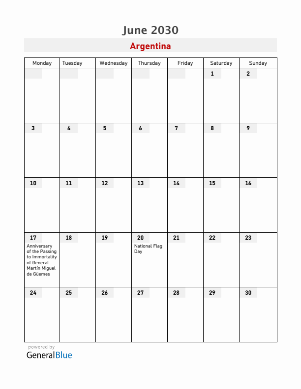 Argentina June 2030 Calendar with Holidays