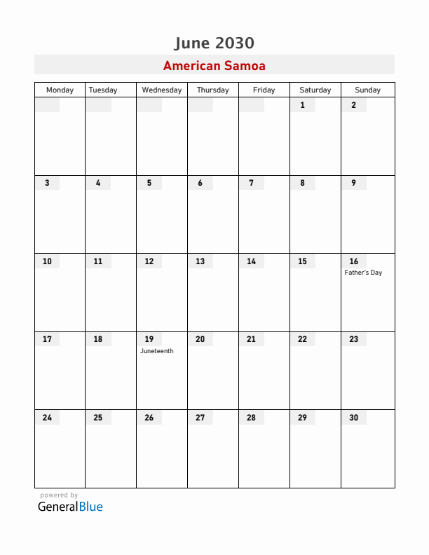 American Samoa June 2030 Calendar with Holidays