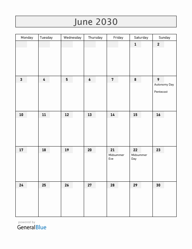 Aland Islands June 2030 Calendar with Holidays