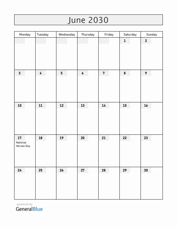 Bermuda June 2030 Calendar with Holidays