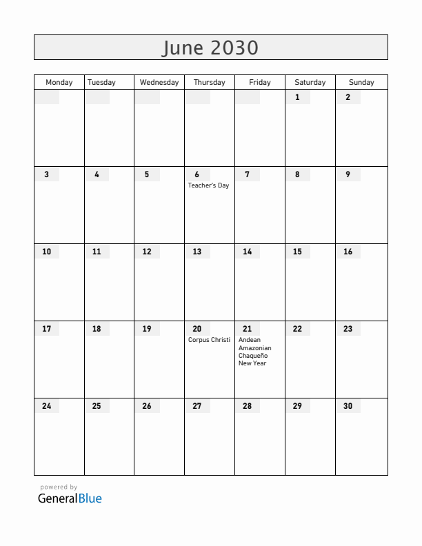 Bolivia June 2030 Calendar with Holidays