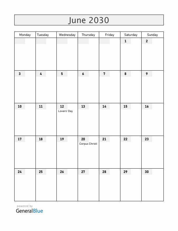 Brazil June 2030 Calendar with Holidays