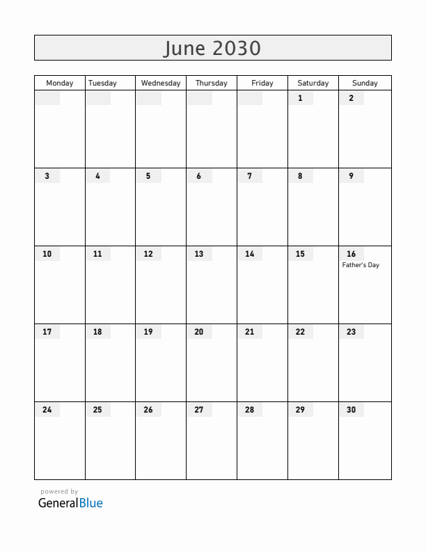 Canada June 2030 Calendar with Holidays