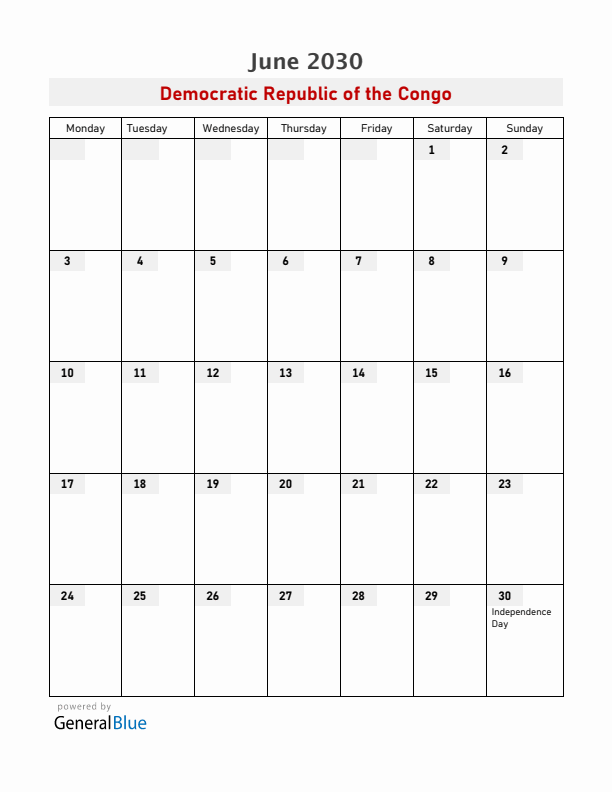 Democratic Republic of the Congo June 2030 Calendar with Holidays