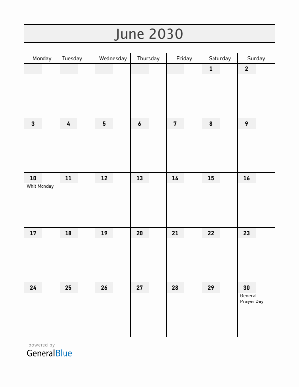 Central African Republic June 2030 Calendar with Holidays
