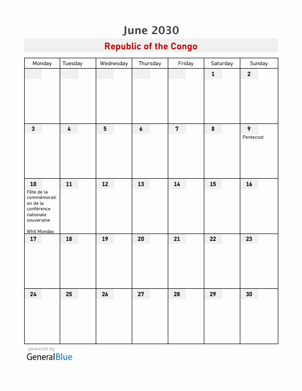 Republic of the Congo June 2030 Calendar with Holidays