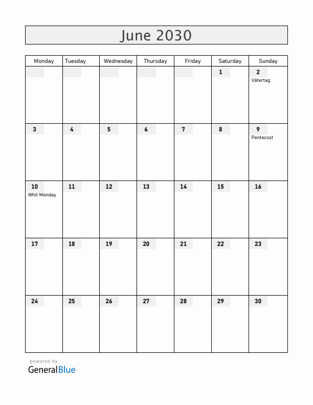 Switzerland June 2030 Calendar with Holidays