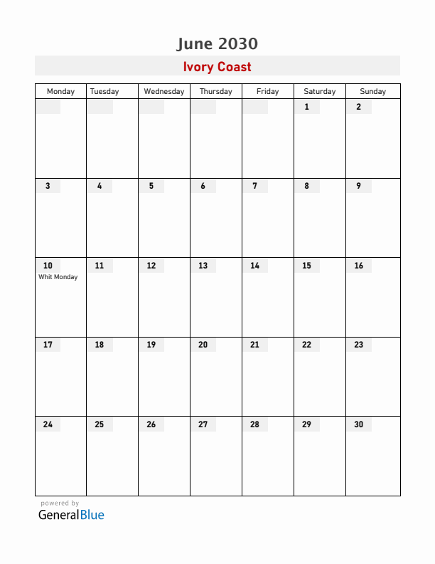 Ivory Coast June 2030 Calendar with Holidays