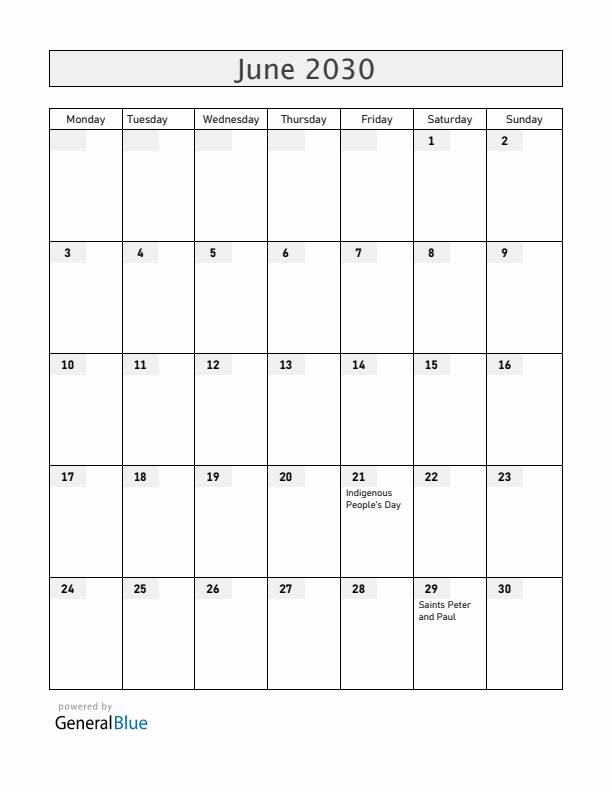 Chile June 2030 Calendar with Holidays