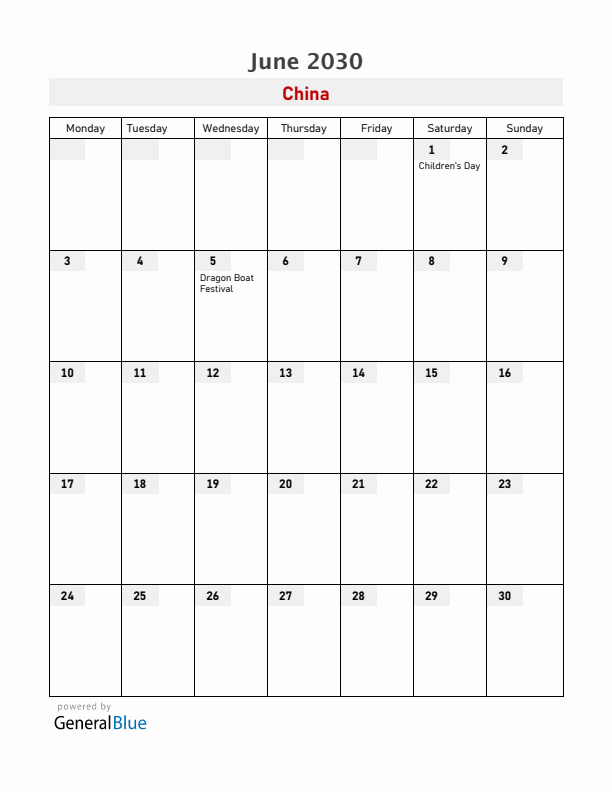 China June 2030 Calendar with Holidays