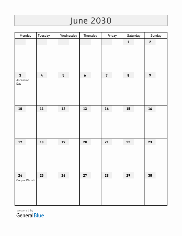 Colombia June 2030 Calendar with Holidays