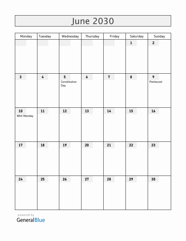 Denmark June 2030 Calendar with Holidays