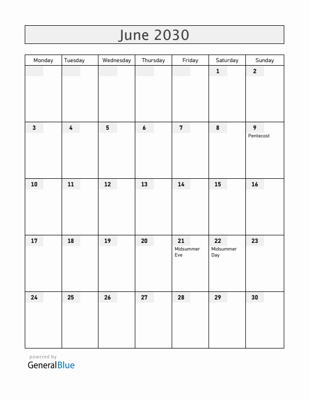 Finland June 2030 Calendar with Holidays