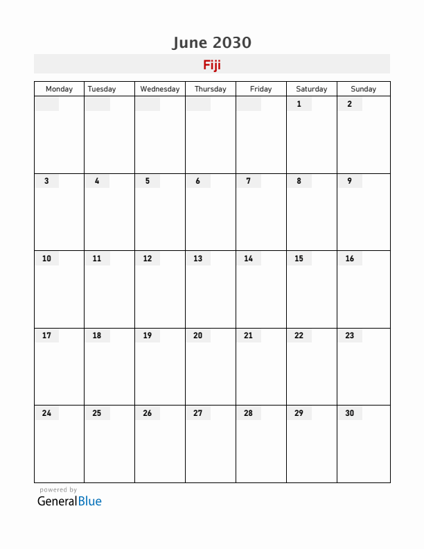 Fiji June 2030 Calendar with Holidays