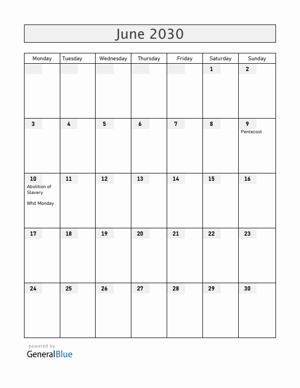 French Guiana June 2030 Calendar with Holidays