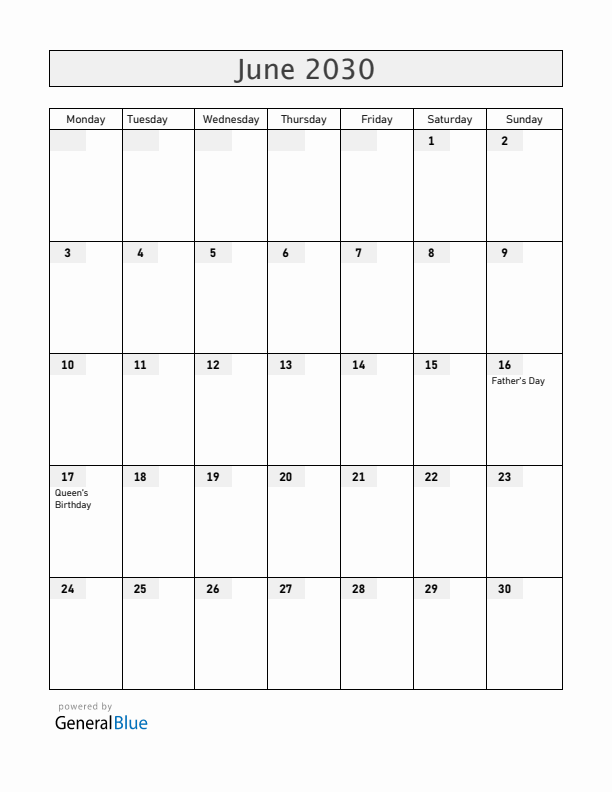 Gibraltar June 2030 Calendar with Holidays