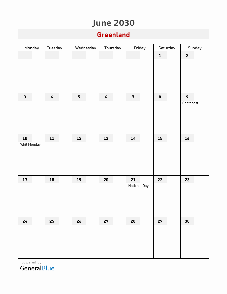 Greenland June 2030 Calendar with Holidays (Monday Start)