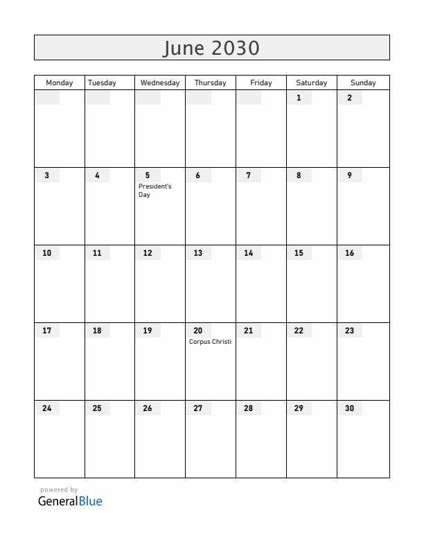 Equatorial Guinea June 2030 Calendar with Holidays