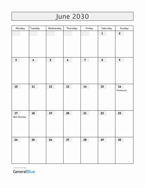 Greece June 2030 Calendar with Holidays