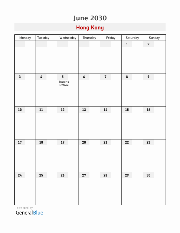 Hong Kong June 2030 Calendar with Holidays