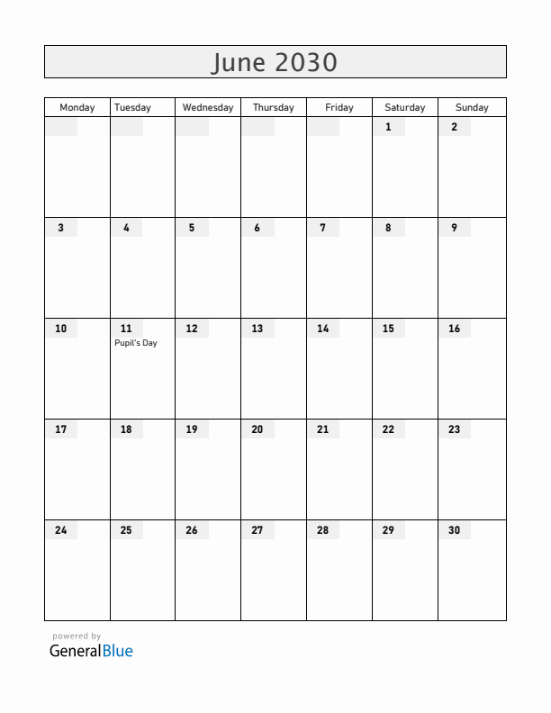 Honduras June 2030 Calendar with Holidays