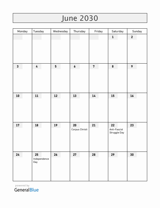 Croatia June 2030 Calendar with Holidays