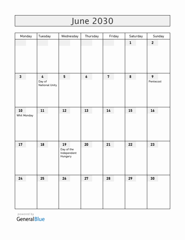 Hungary June 2030 Calendar with Holidays