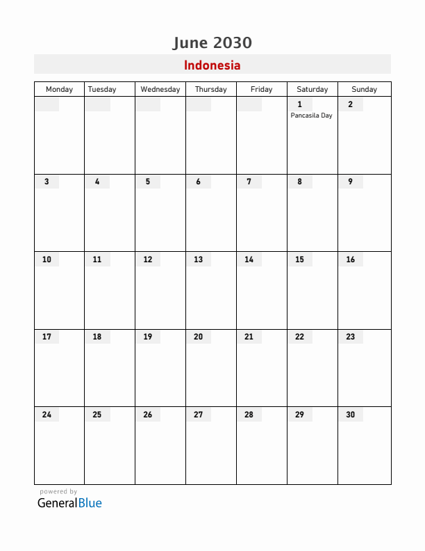Indonesia June 2030 Calendar with Holidays
