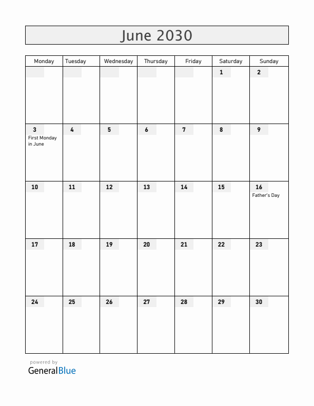 Ireland June 2030 Calendar with Holidays