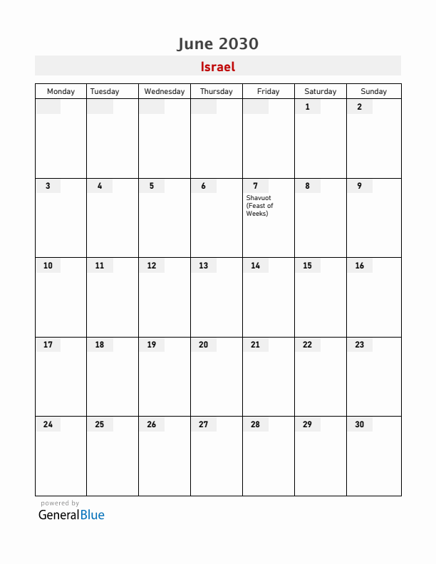 Israel June 2030 Calendar with Holidays