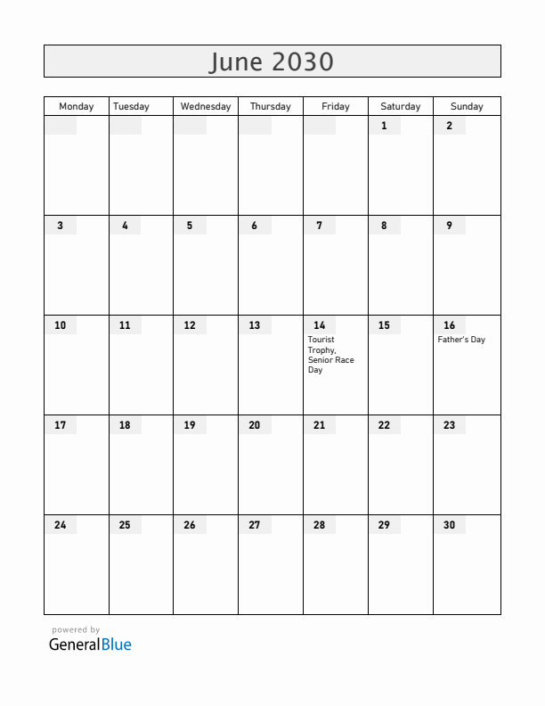 Isle of Man June 2030 Calendar with Holidays