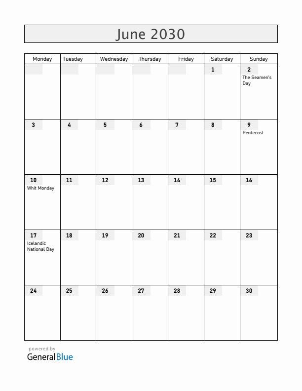 Iceland June 2030 Calendar with Holidays