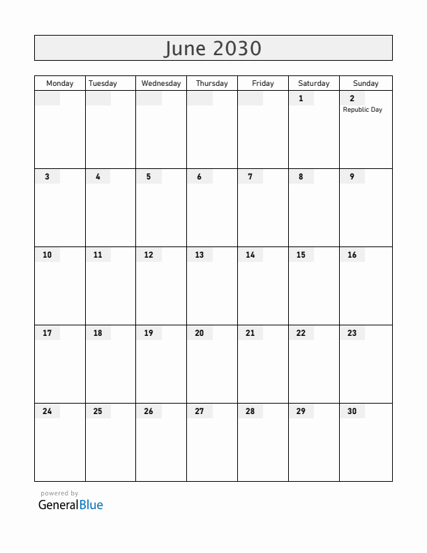 Italy June 2030 Calendar with Holidays