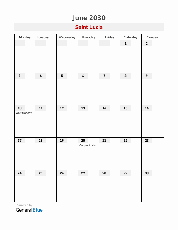 Saint Lucia June 2030 Calendar with Holidays