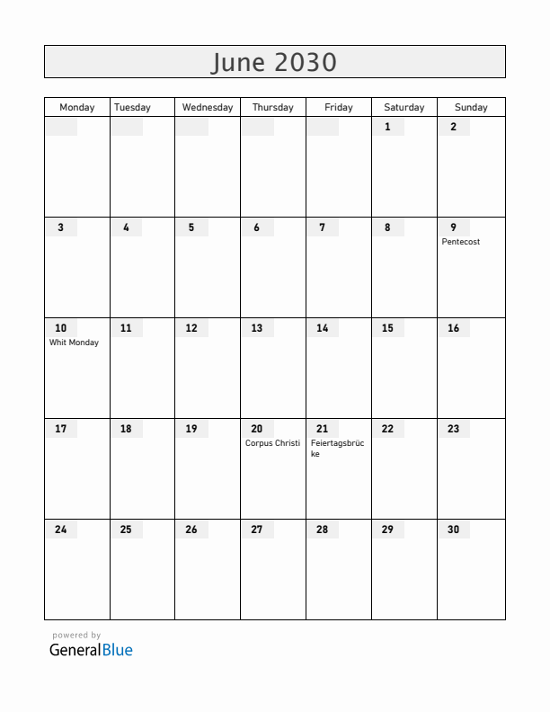 Liechtenstein June 2030 Calendar with Holidays