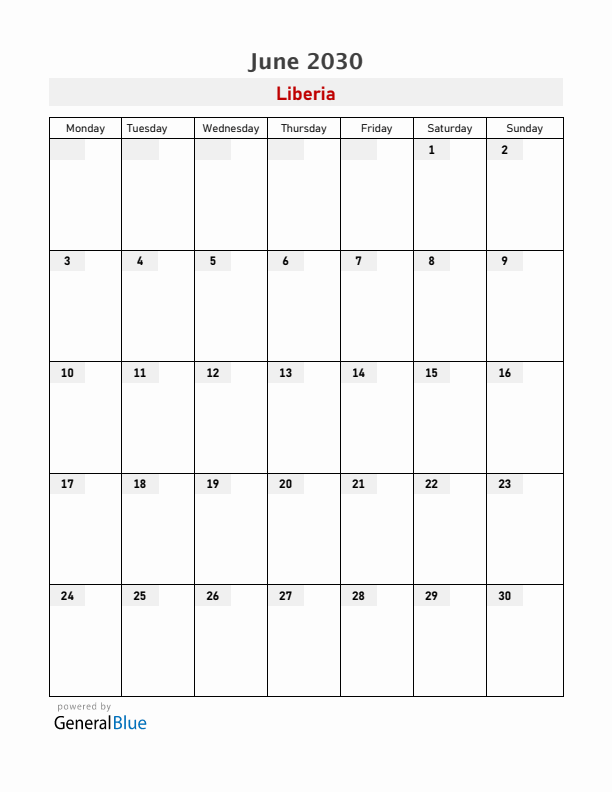 Liberia June 2030 Calendar with Holidays