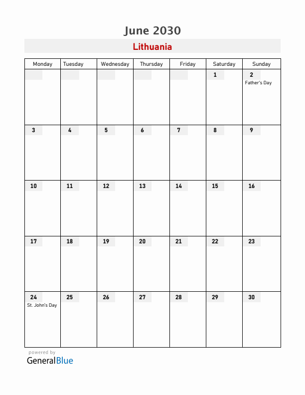 Lithuania June 2030 Calendar with Holidays