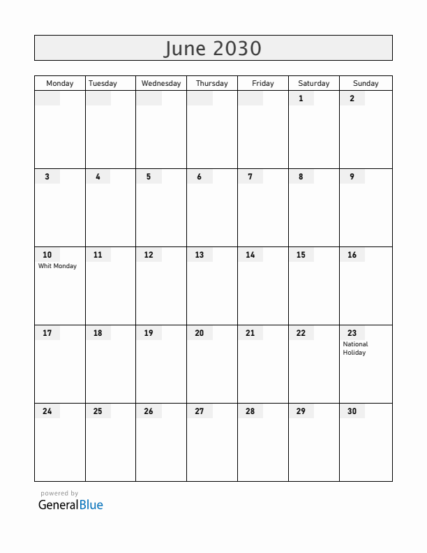 Luxembourg June 2030 Calendar with Holidays