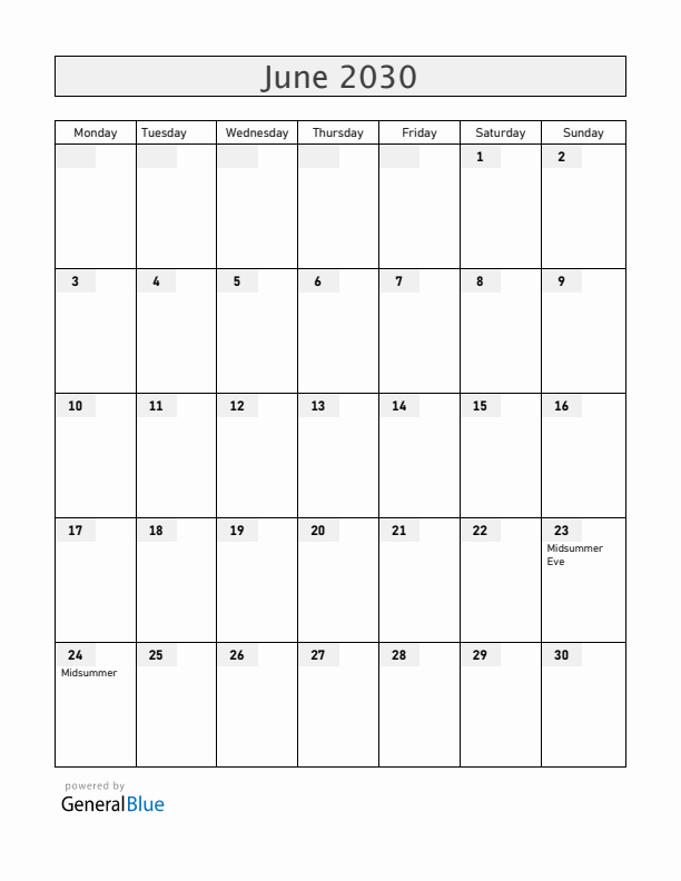 Latvia June 2030 Calendar with Holidays