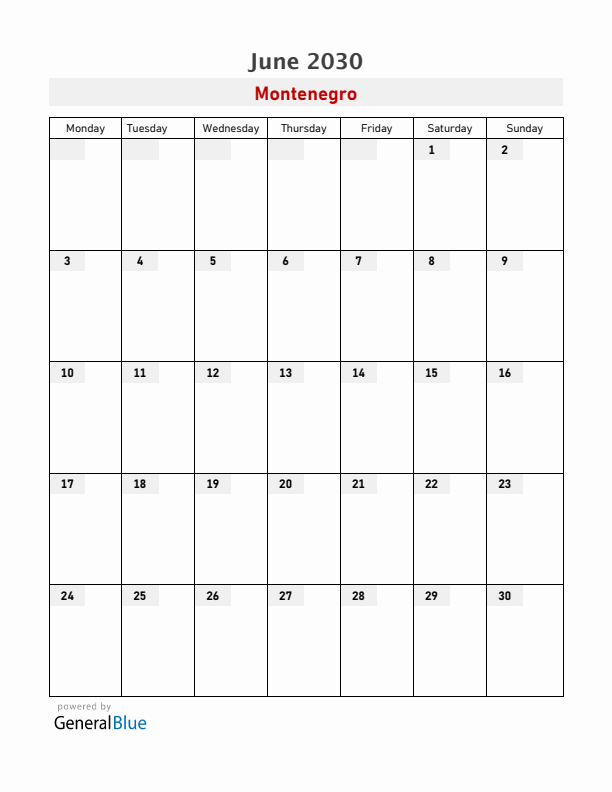 Montenegro June 2030 Calendar with Holidays