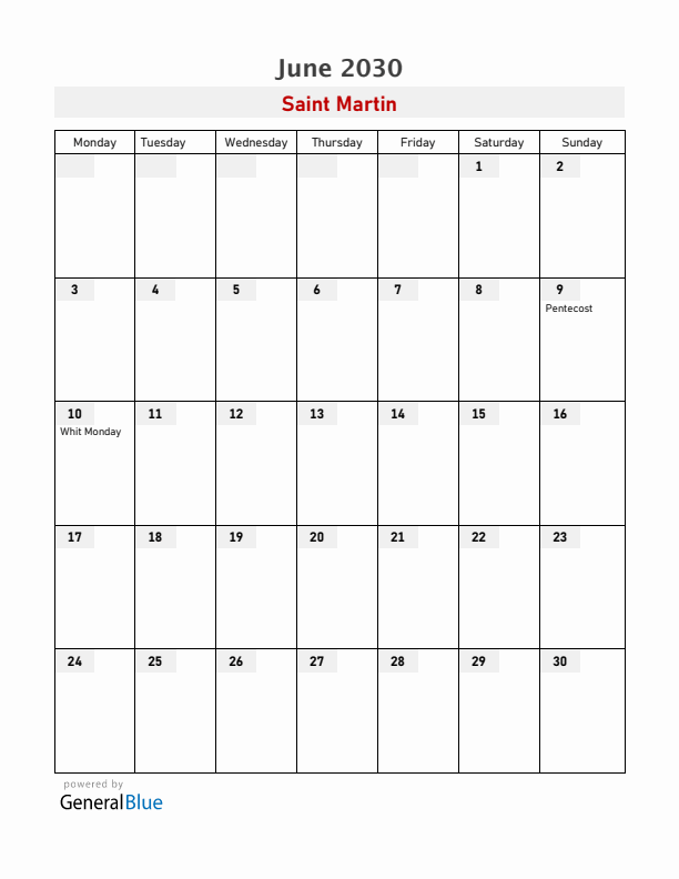 Saint Martin June 2030 Calendar with Holidays